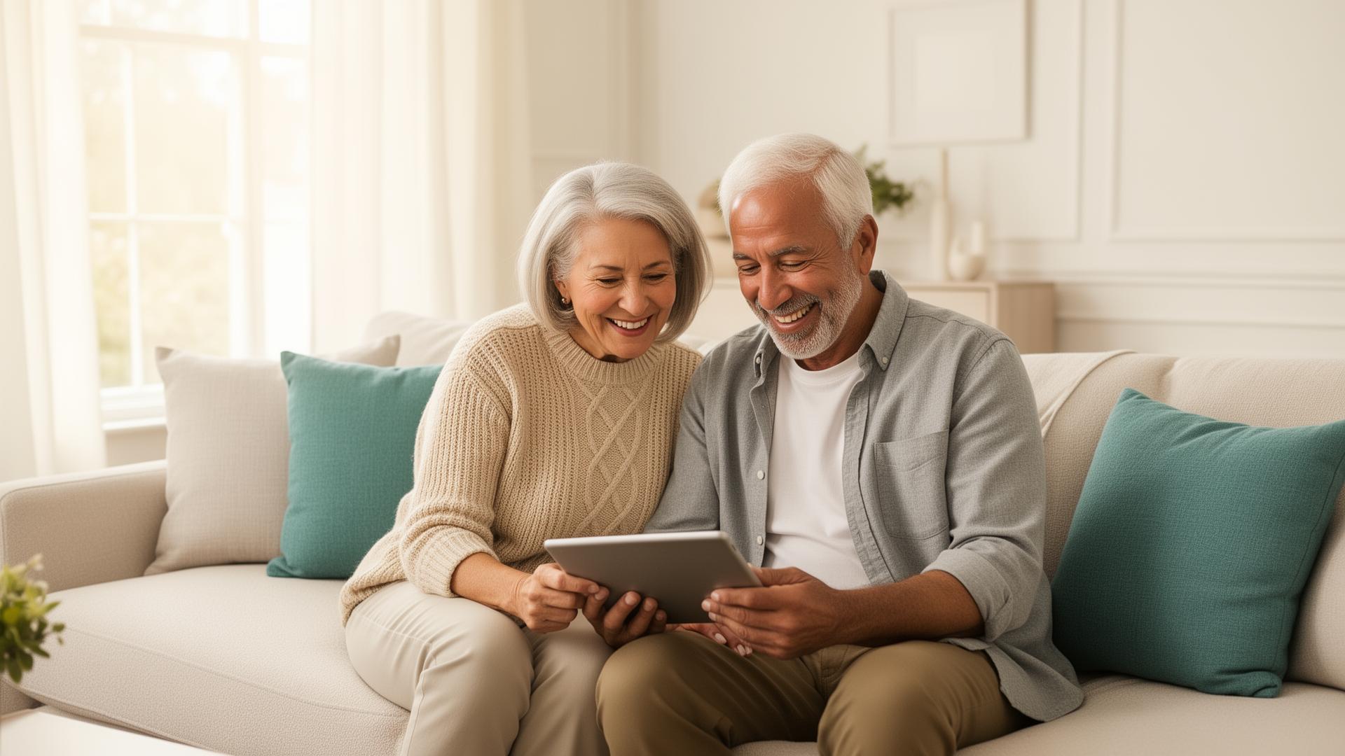 Happy seniors using tablets and smartphones together
